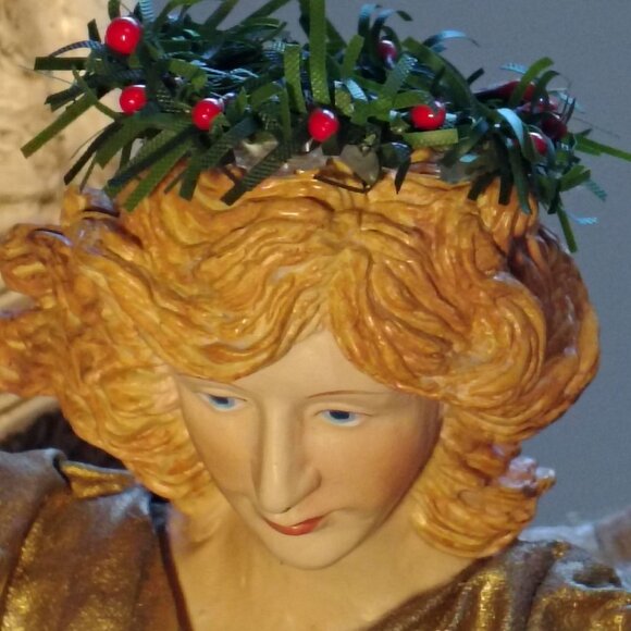 Antique Angel Figurine With Wings Holding Green Scroll & Red Ribbon Accents - Picture 9 of 16